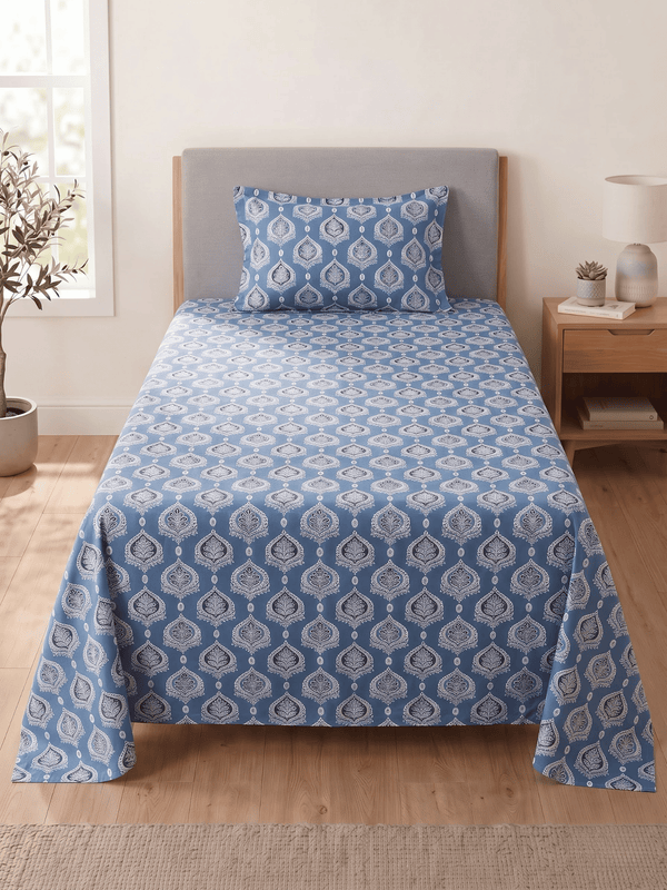 144 TC Fern Printed Cotton Single Bedsheet 90 x 60 Inches with 1 Pillow Cover – Ocean Blue