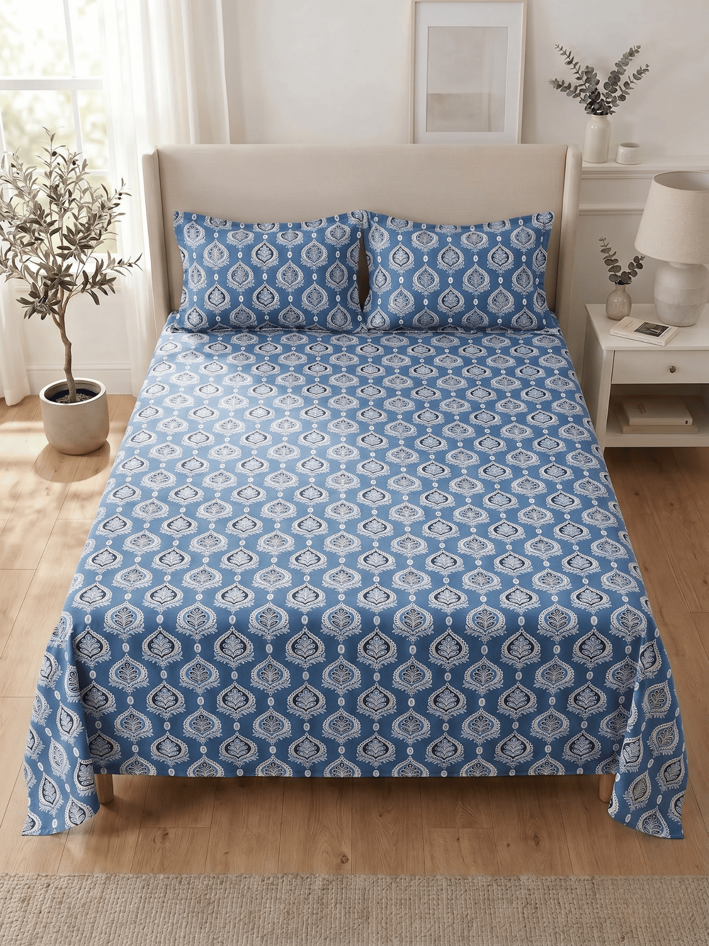 144 TC Fern Printed Cotton Double Bedsheet 90x100 with 2 Pillow Covers – Ocean Blue