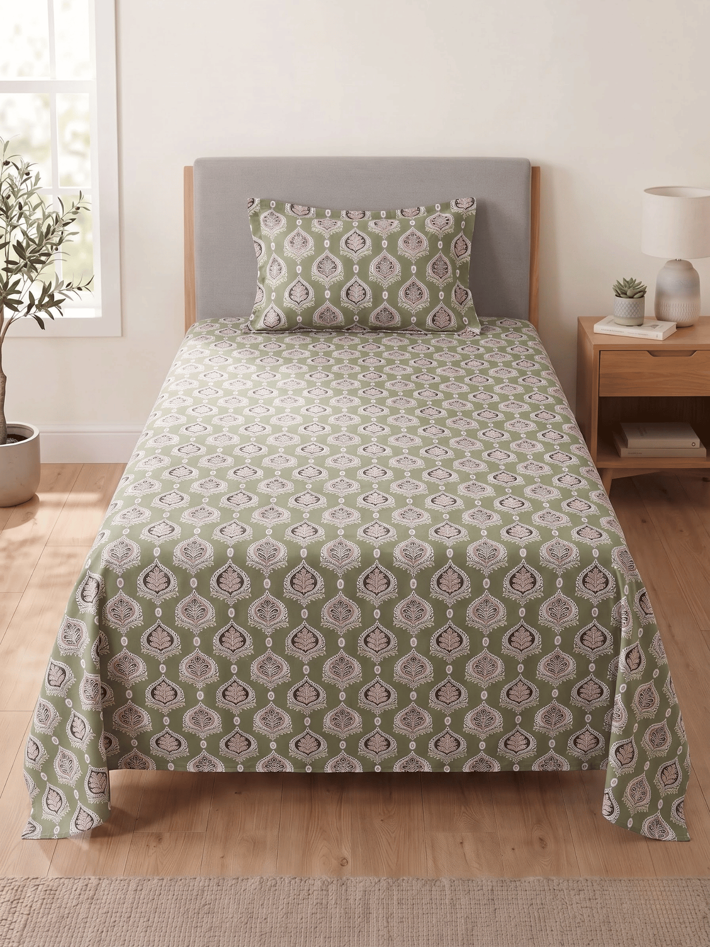 144 TC Fern Cotton Single Bedsheet 90 x 60 Inches with 1 Pillow Cover – Olive Green