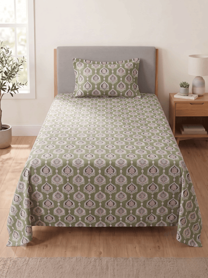 144 TC Fern Cotton Single Bedsheet 90 x 60 Inches with 1 Pillow Cover – Olive Green