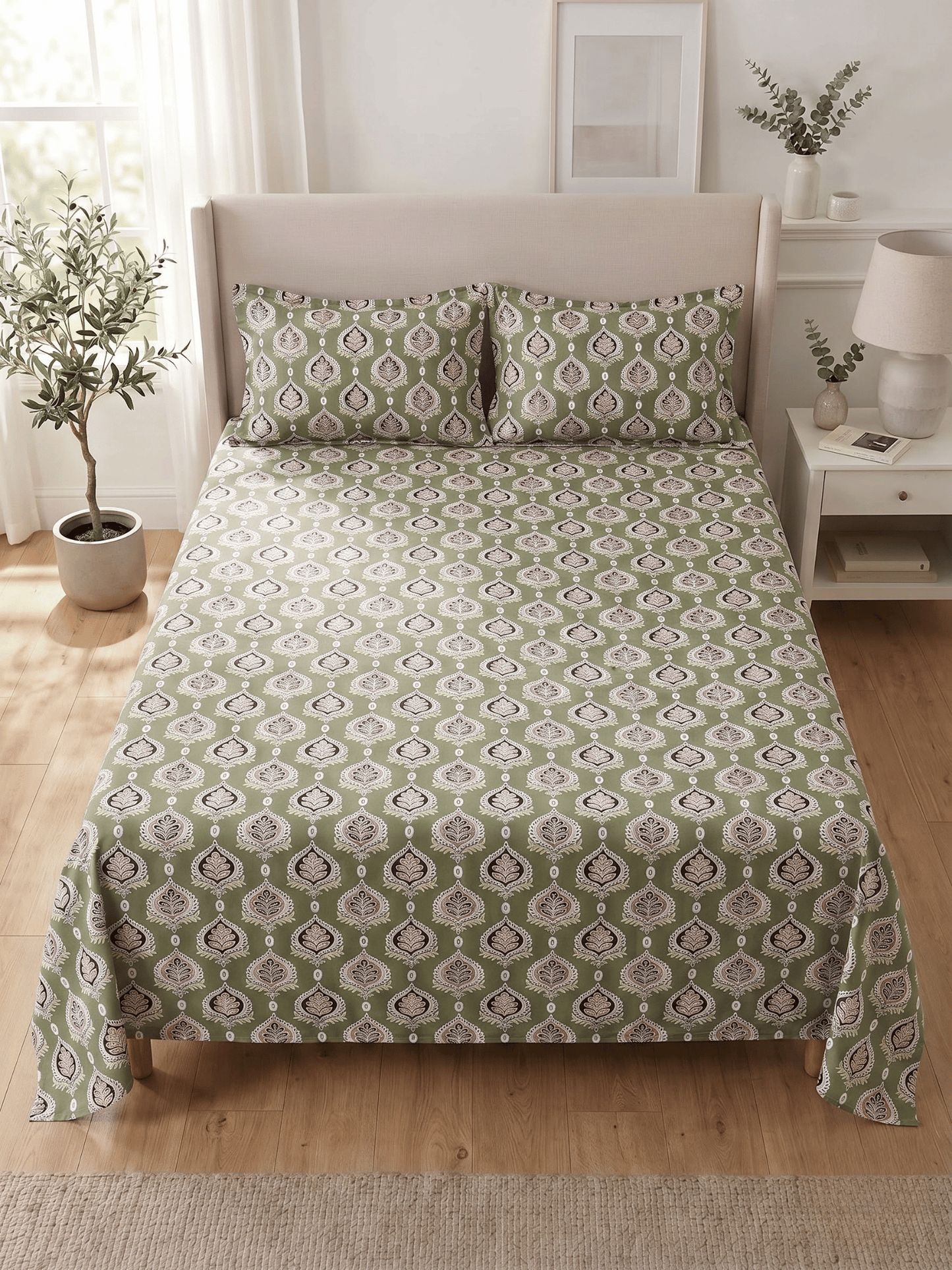 144 TC Fern Printed Cotton Double Bedsheet 90x100 with 2 Pillow Covers – Olive Green