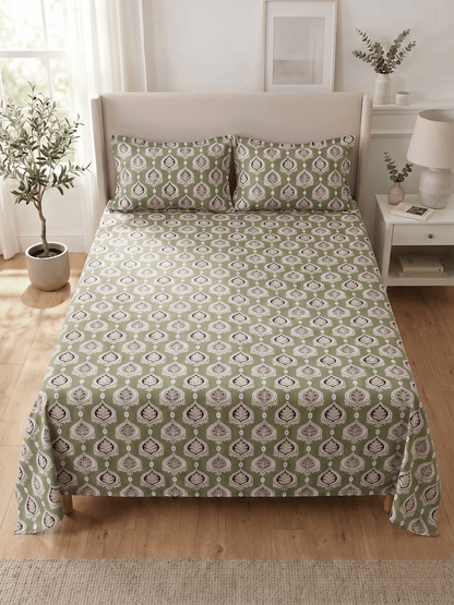 144 TC Fern Printed Cotton Double Bedsheet 90x100 with 2 Pillow Covers – Olive Green
