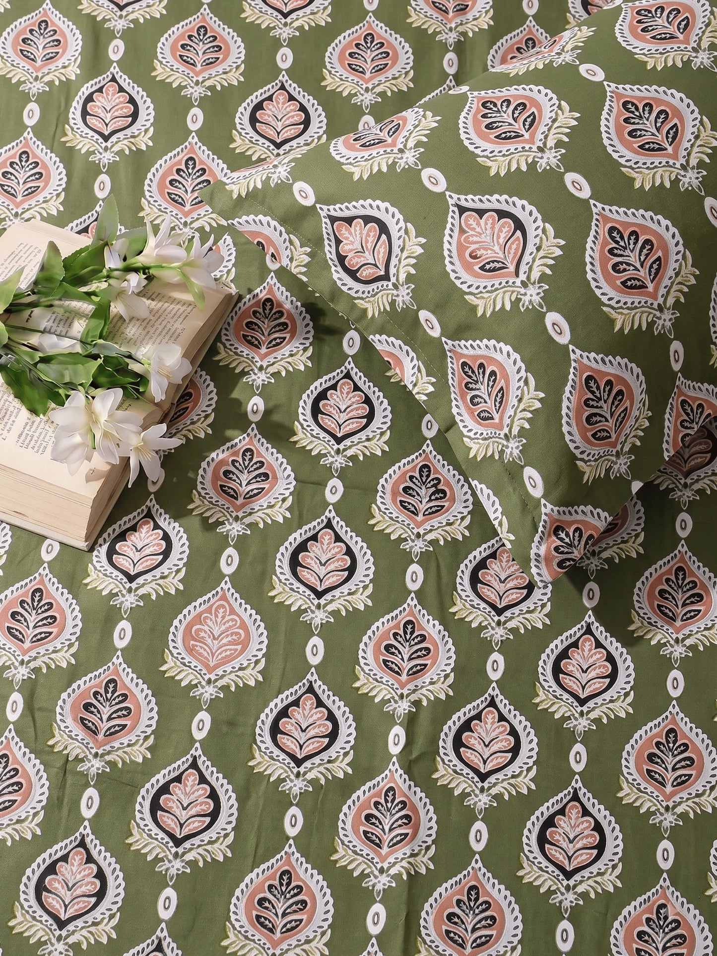 144 TC Fern Cotton Single Bedsheet 90 x 60 Inches with 1 Pillow Cover – Olive Green