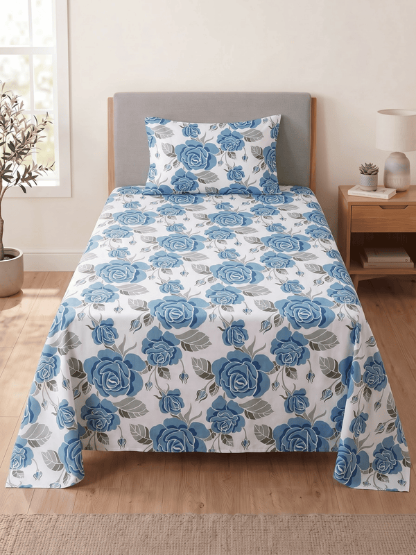 144 TC Fern Cotton Single Bedsheet 90 x 60 Inches with 1 Pillow Cover – French Blue