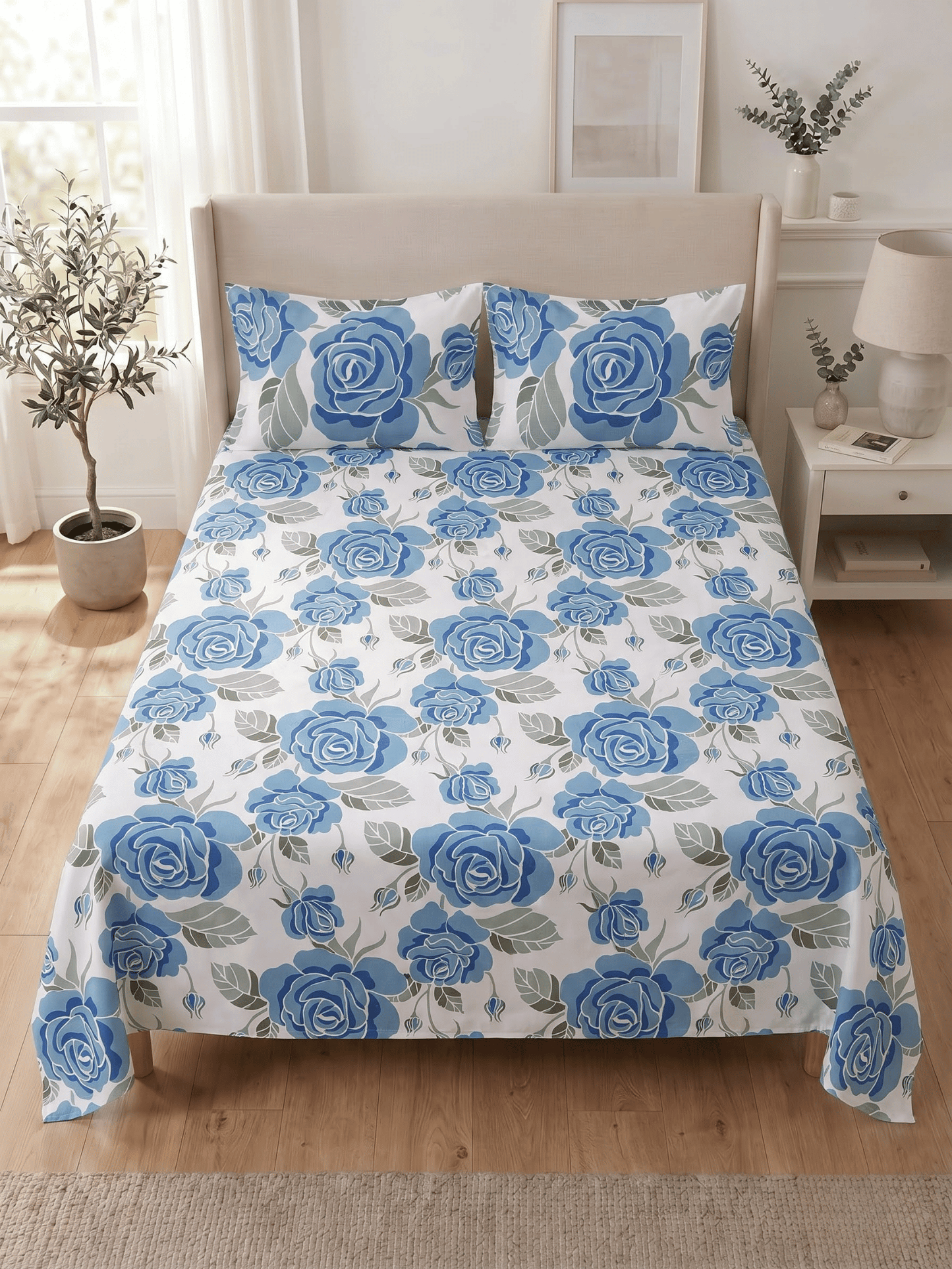 144 TC Fern Printed Cotton Double Bedsheet 90x100 with 2 Pillow Covers – French Blue