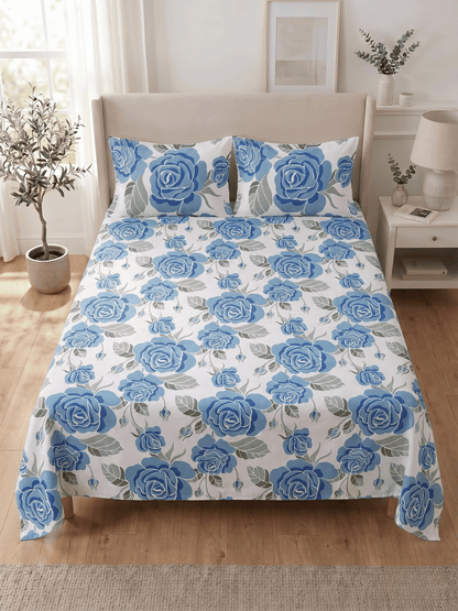 144 TC Fern Printed Cotton Double Bedsheet 90x100 with 2 Pillow Covers – French Blue