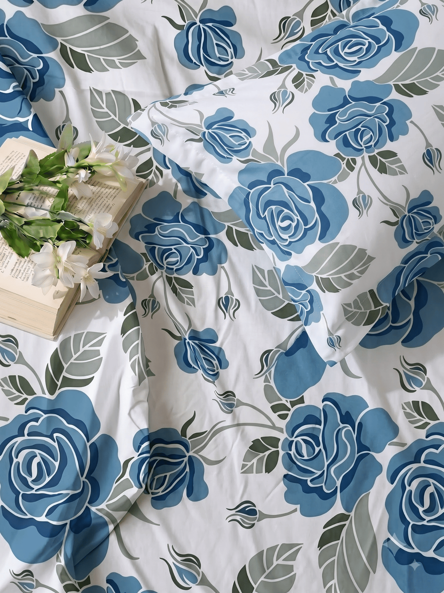 144 TC Fern Cotton Single Bedsheet 90 x 60 Inches with 1 Pillow Cover – French Blue