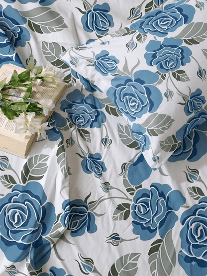 144 TC Fern Cotton Single Bedsheet 90 x 60 Inches with 1 Pillow Cover – French Blue