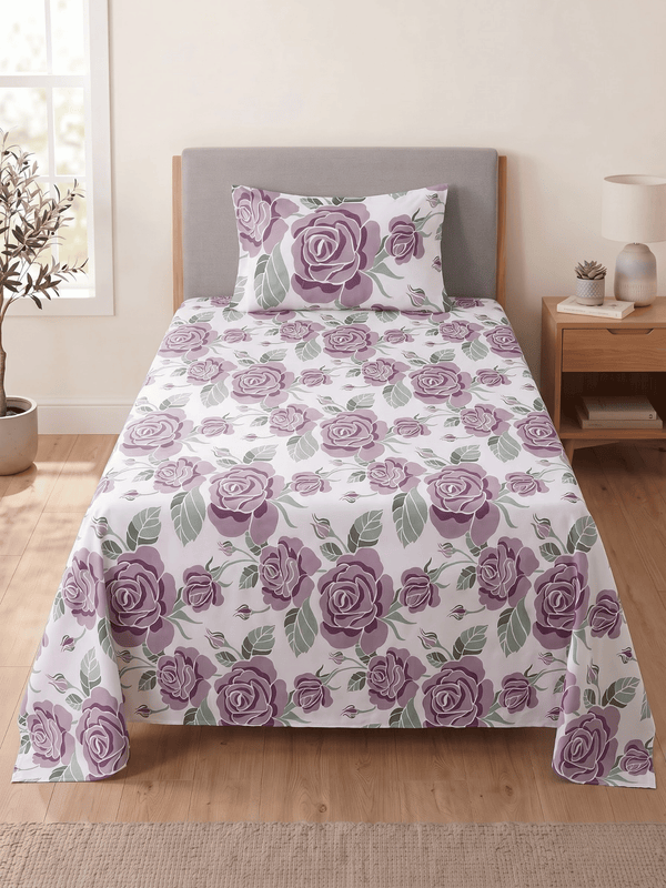 144 TC Fern Printed Cotton Single Bedsheet 90 x 60 Inches with 1 Pillow Cover – Dusty Purple