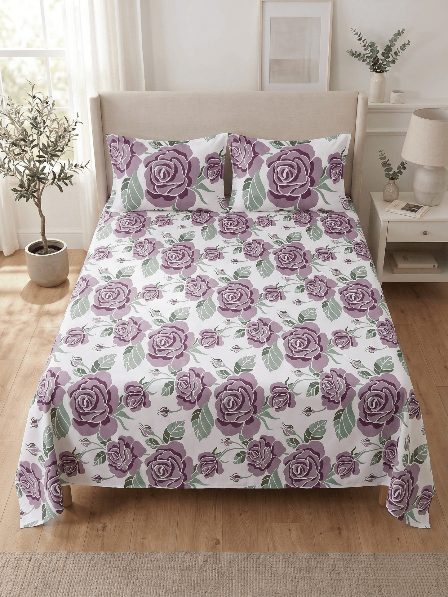 144 TC Fern Printed Cotton Double Bedsheet 90x100 with 2 Pillow Covers – Dusty Purple