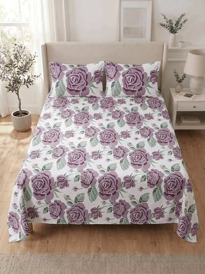 144 TC Fern Printed Cotton Double Bedsheet 90x100 with 2 Pillow Covers – Dusty Purple