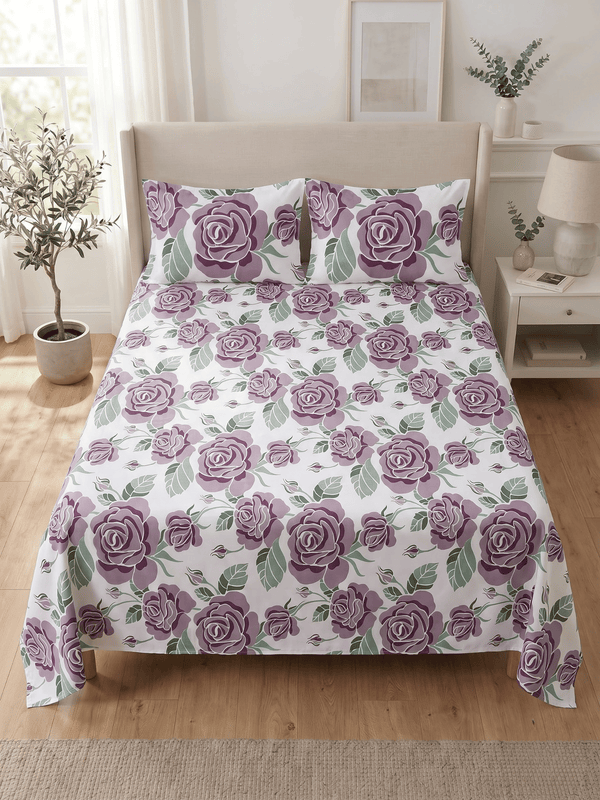 144 TC Fern Printed Cotton Double Bedsheet 90x100 with 2 Pillow Covers – Dusty Purple