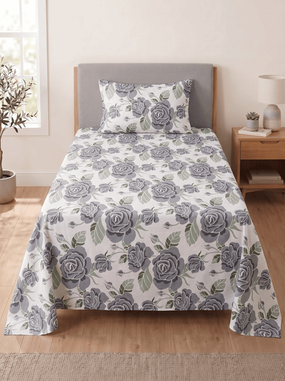 144 TC Fern Cotton Single Bedsheet 90 x 60 Inches with 1 Pillow Cover – Pewter Gray