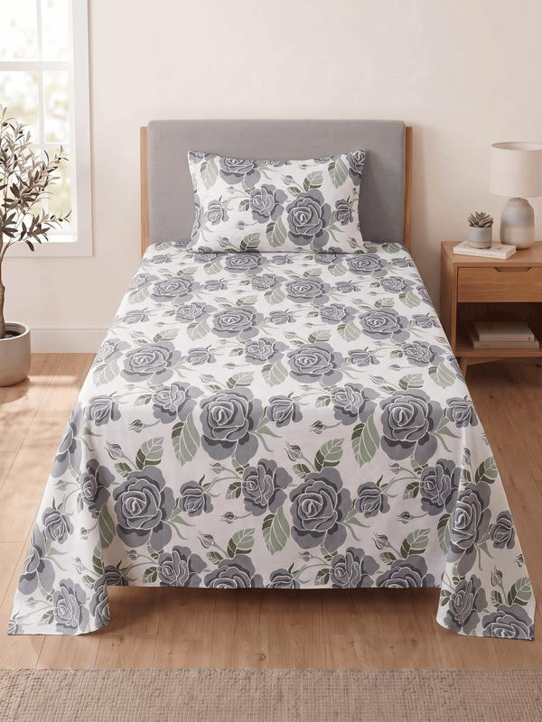 144 TC Fern Cotton Single Bedsheet 90 x 60 Inches with 1 Pillow Cover – Pewter Gray