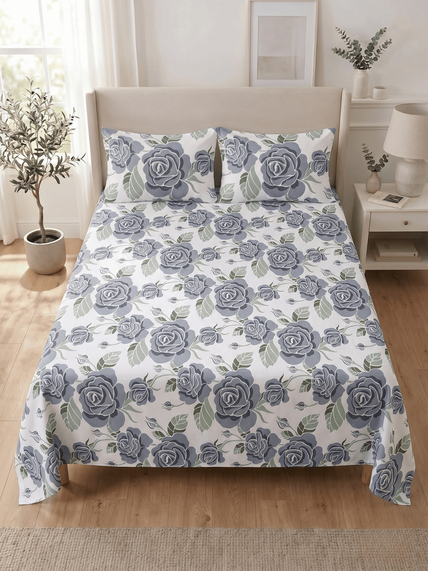 144 TC Fern Printed Cotton Double Bedsheet 90x100 with 2 Pillow Covers – Pewter Gray