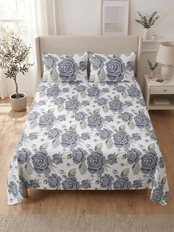 144 TC Fern Printed Cotton Double Bedsheet 90x100 with 2 Pillow Covers – Pewter Gray