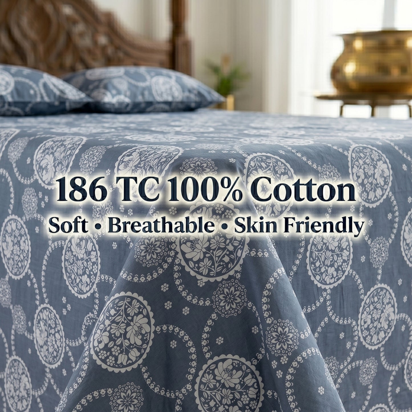 186 TC 100 % Cotton Bed Sheet for Double Bed | 90 x 100 Inch | 2 Pillow Covers