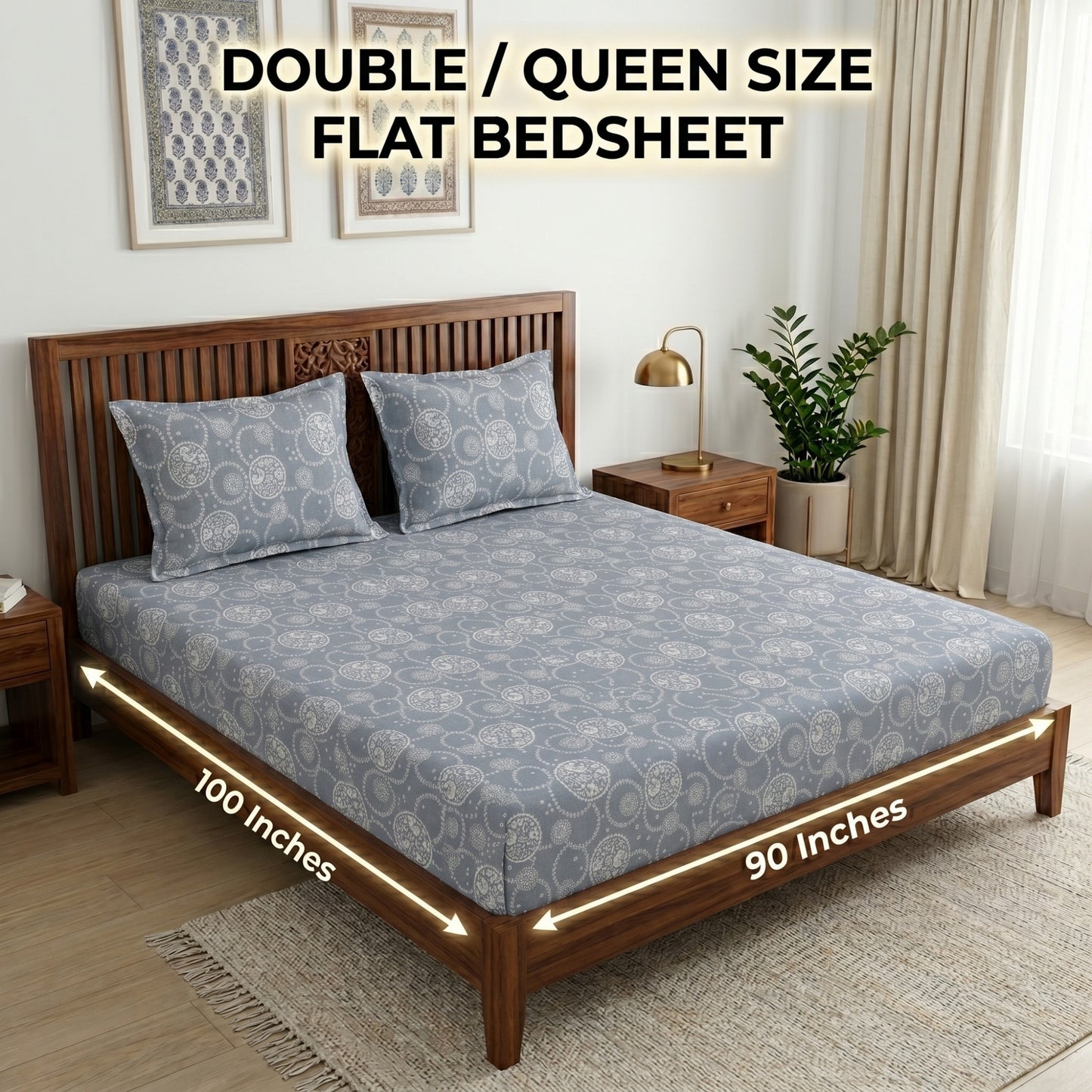 186 TC 100 % Cotton Bed Sheet for Double Bed | 90 x 100 Inch | 2 Pillow Covers