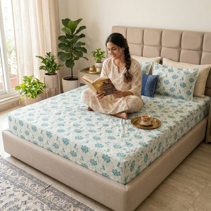 186 TC 100 % Cotton Bed Sheet for Double Bed | 90 x 100 Inch | 2 Pillow Covers