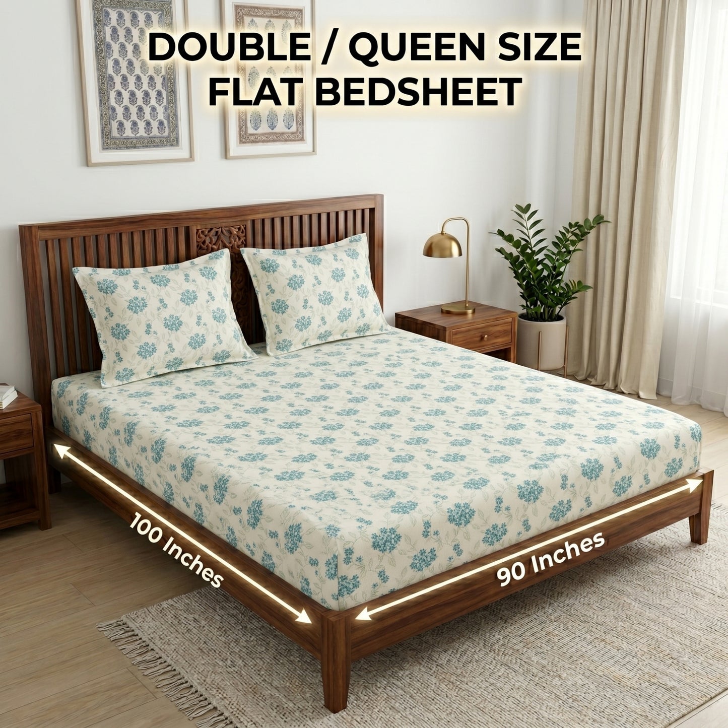186 TC 100 % Cotton Bed Sheet for Double Bed | 90 x 100 Inch | 2 Pillow Covers