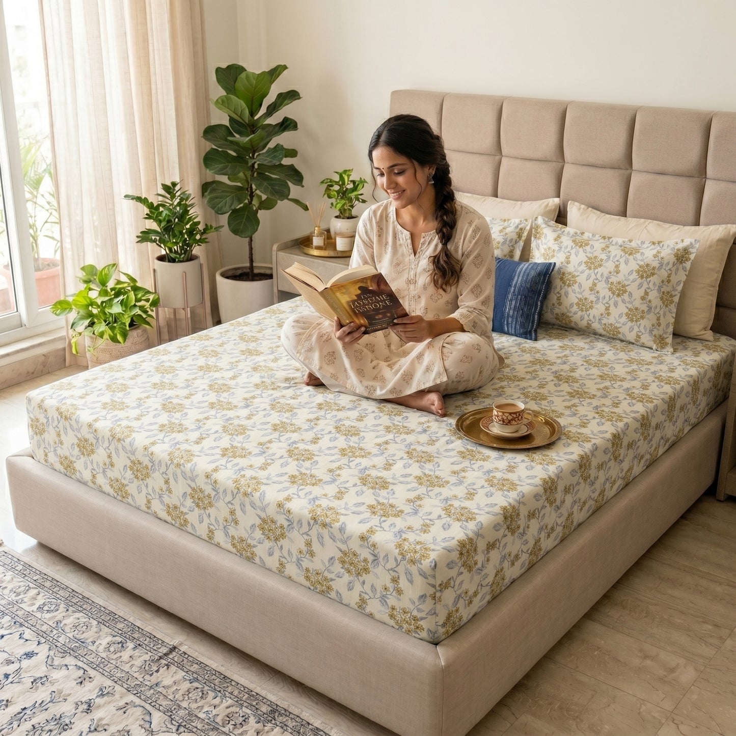 186 TC 100 % Cotton Bed Sheet for Double Bed | 90 x 100 Inch | 2 Pillow Covers
