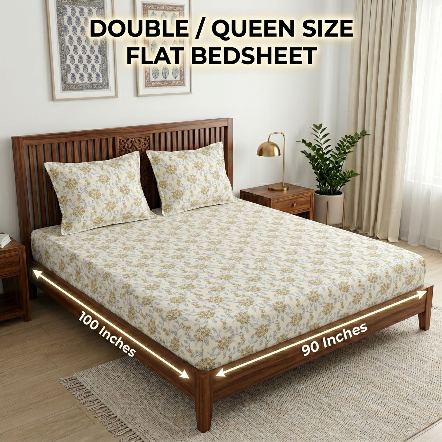 186 TC 100 % Cotton Bed Sheet for Double Bed | 90 x 100 Inch | 2 Pillow Covers