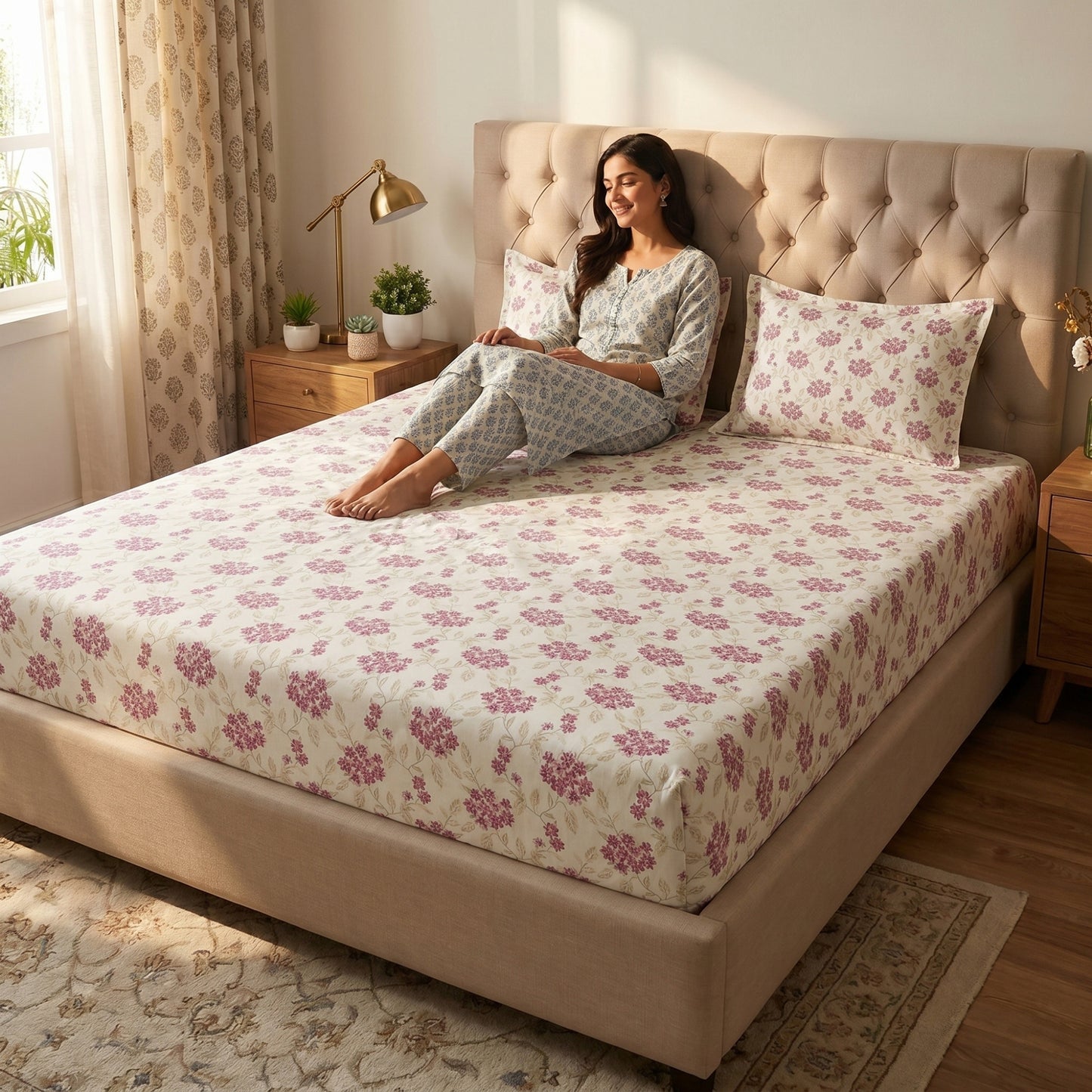 186 TC 100 % Cotton Bed Sheet for Double Bed | 90 x 100 Inch | 2 Pillow Covers