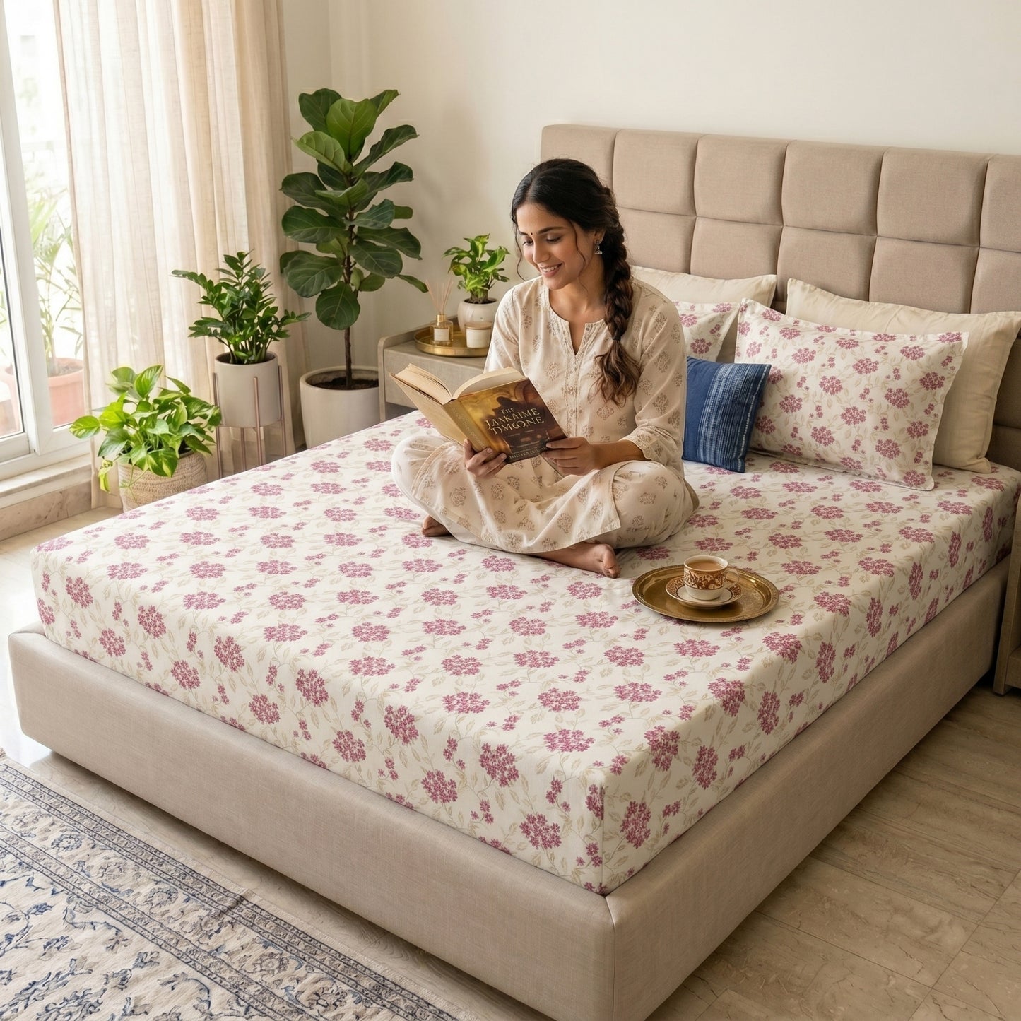 186 TC 100 % Cotton Bed Sheet for Double Bed | 90 x 100 Inch | 2 Pillow Covers