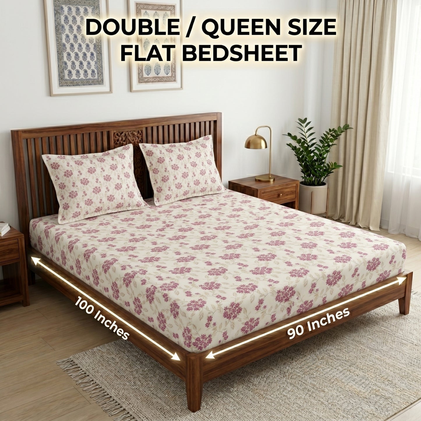186 TC 100 % Cotton Bed Sheet for Double Bed | 90 x 100 Inch | 2 Pillow Covers