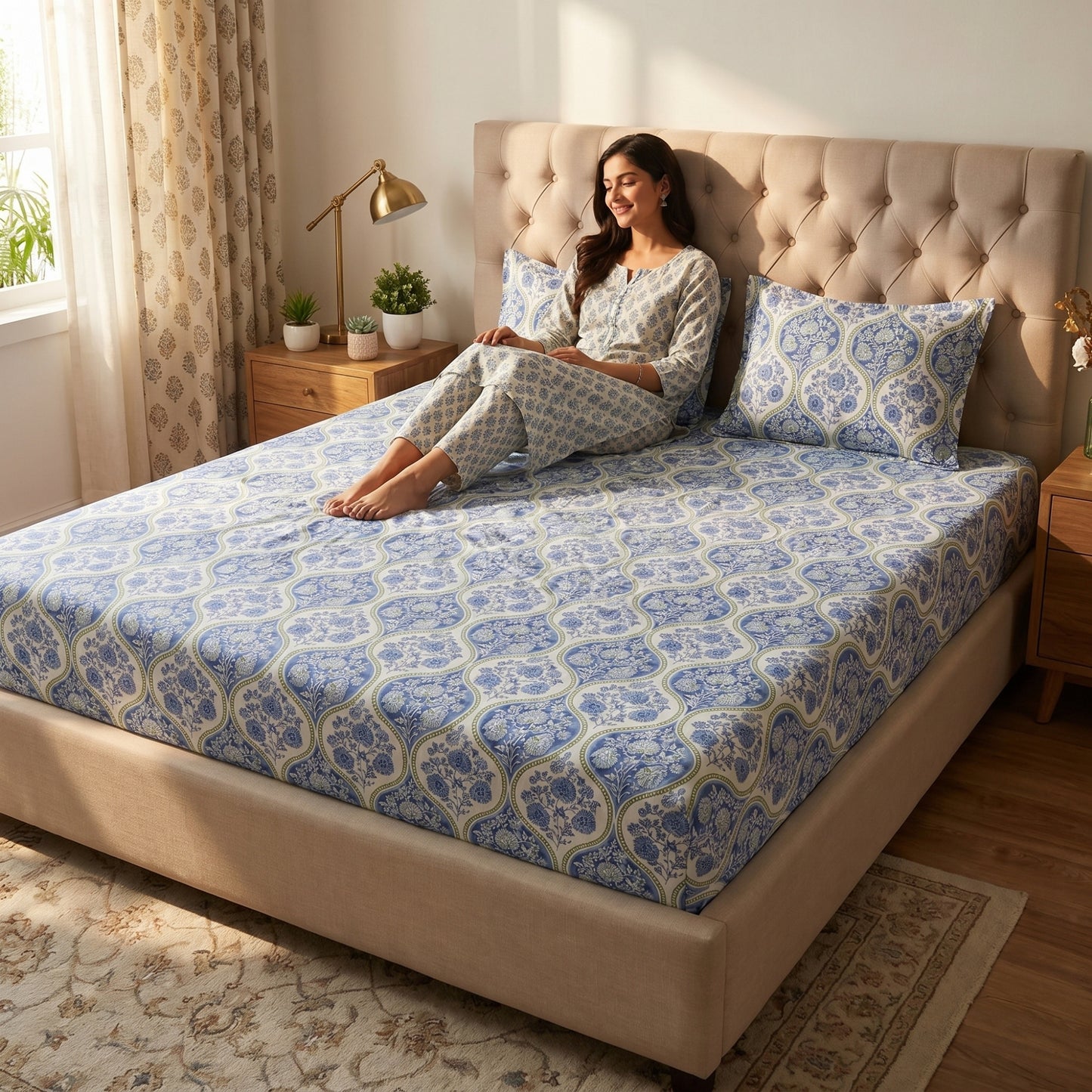 186 TC 100 % Cotton Bed Sheet for Double Bed | 90 x 100 Inch | 2 Pillow Covers