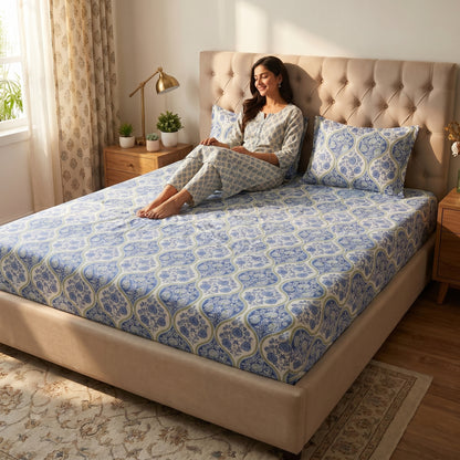 186 TC 100 % Cotton Bed Sheet for Double Bed | 90 x 100 Inch | 2 Pillow Covers