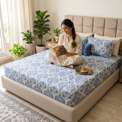 186 TC 100 % Cotton Bed Sheet for Double Bed | 90 x 100 Inch | 2 Pillow Covers