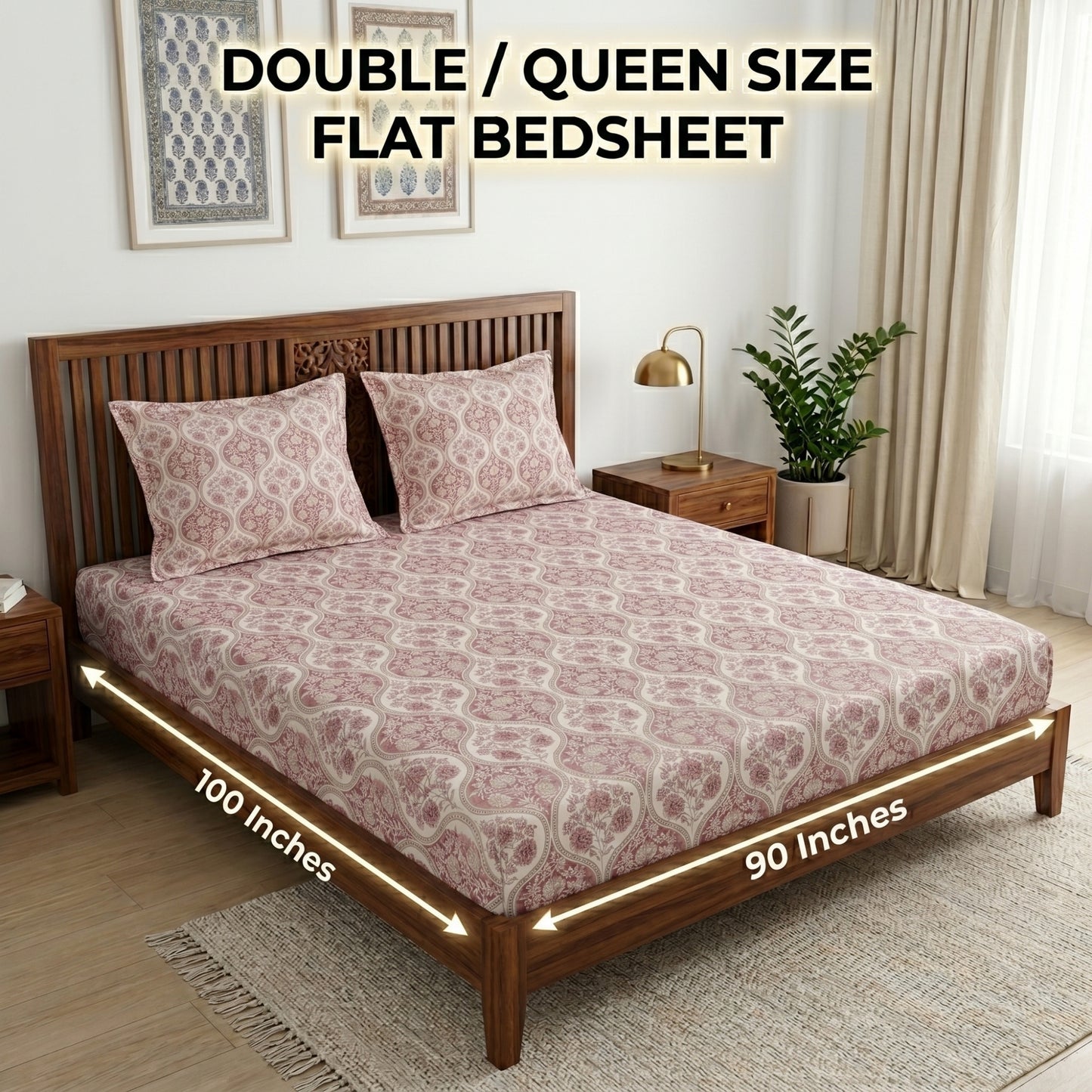 186 TC 100 % Cotton Bed Sheet for Double Bed | 90 x 100 Inch | 2 Pillow Covers