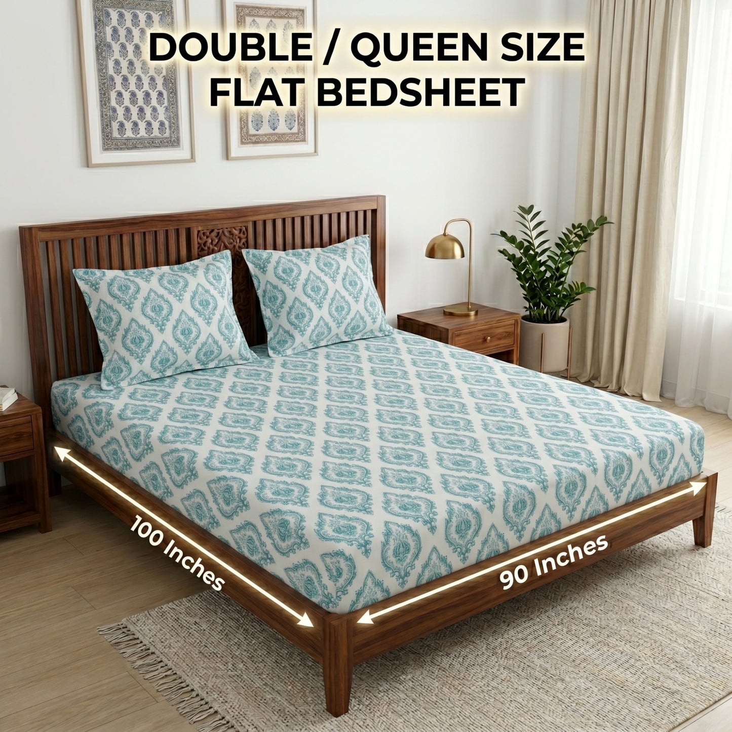 186 TC 100 % Cotton Bed Sheet for Double Bed | 90 x 100 Inch | 2 Pillow Covers