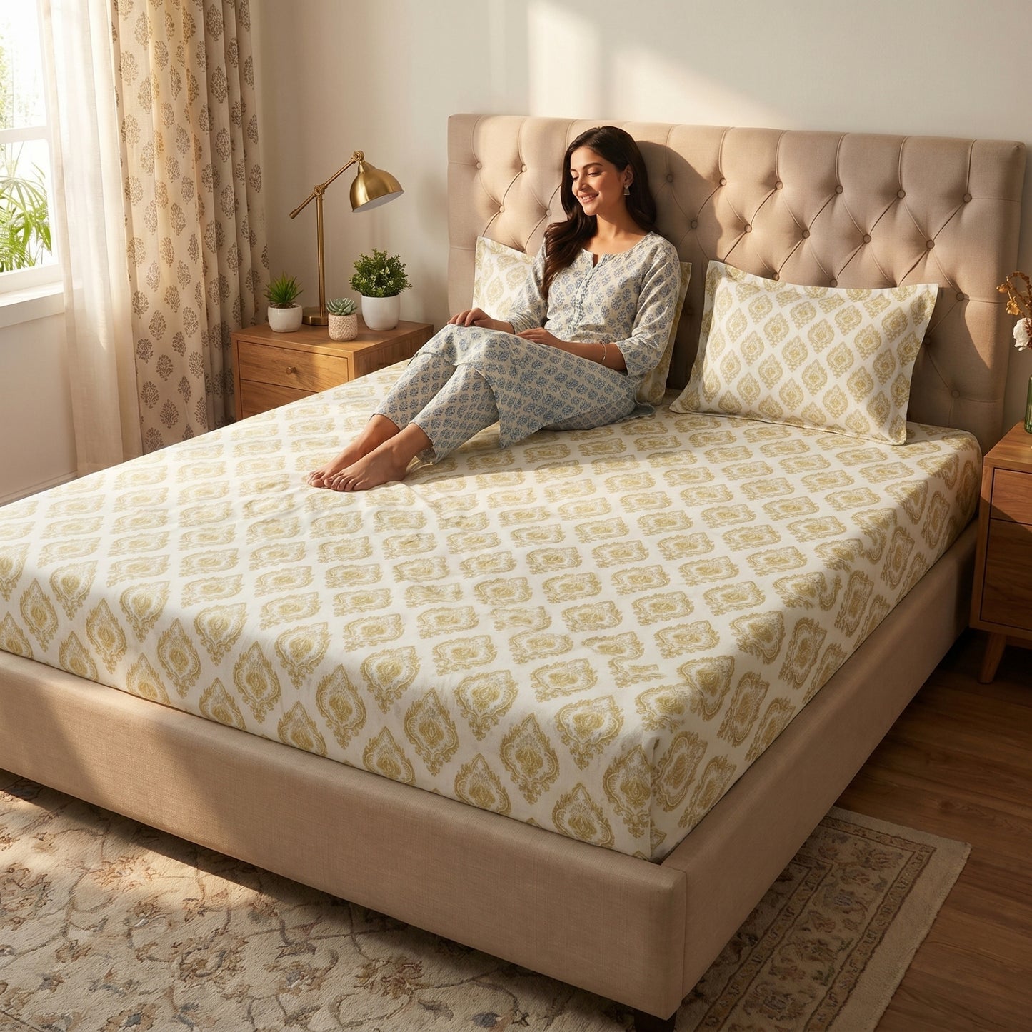 186 TC 100 % Cotton Bed Sheet for Double Bed | 90 x 100 Inch | 2 Pillow Covers