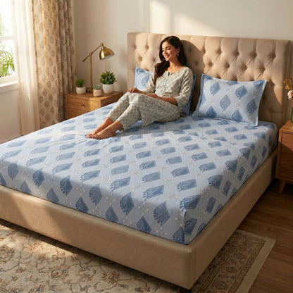 186 TC 100 % Cotton Bed Sheet for Double Bed | 90 x 100 Inch | 2 Pillow Covers