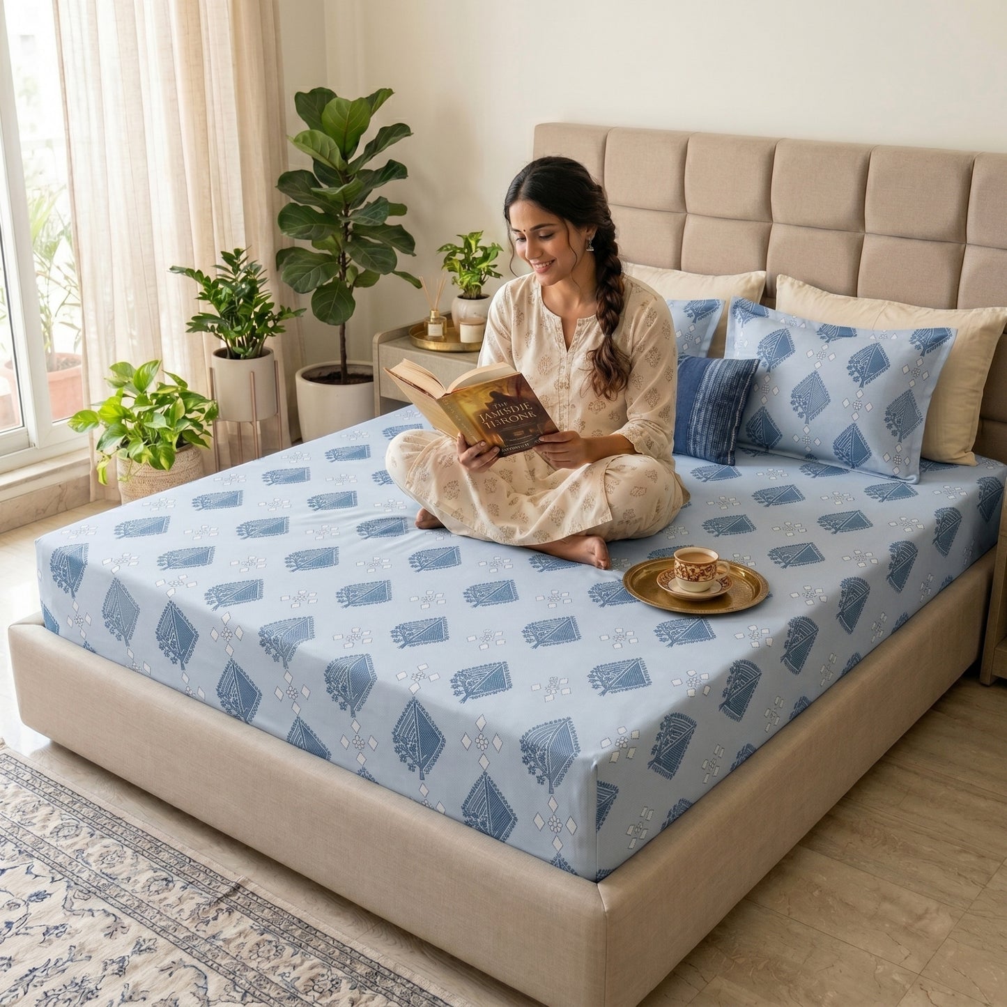 186 TC 100 % Cotton Bed Sheet for Double Bed | 90 x 100 Inch | 2 Pillow Covers