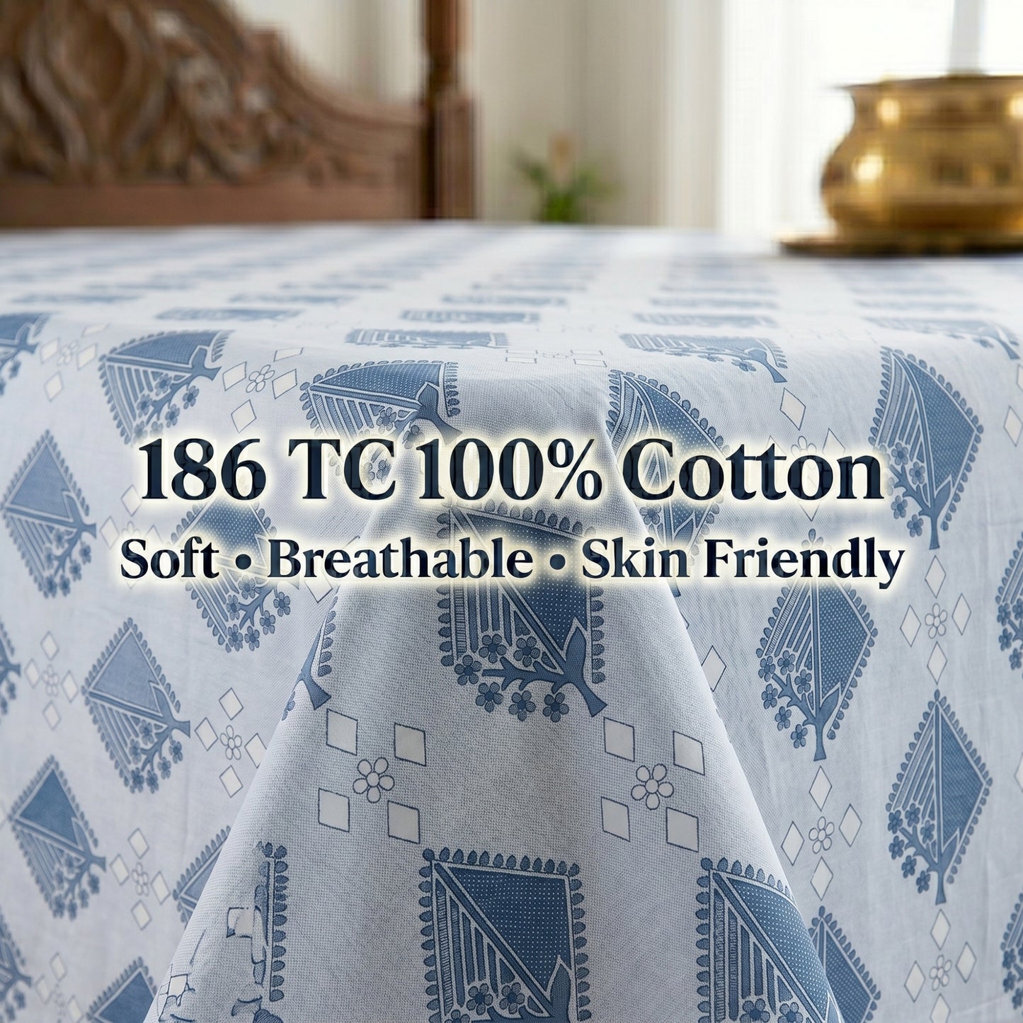 186 TC 100 % Cotton Bed Sheet for Double Bed | 90 x 100 Inch | 2 Pillow Covers