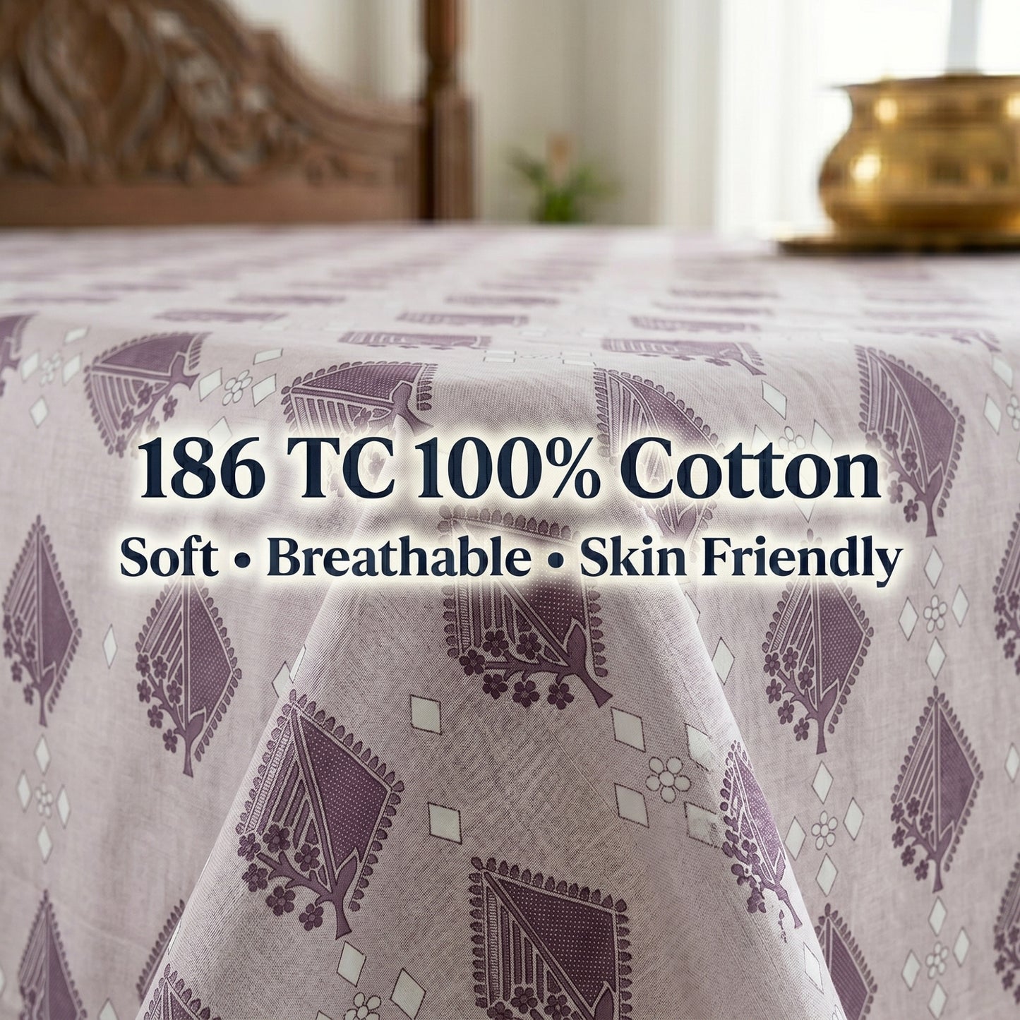 186 TC 100 % Cotton Bed Sheet for Double Bed | 90 x 100 Inch | 2 Pillow Covers