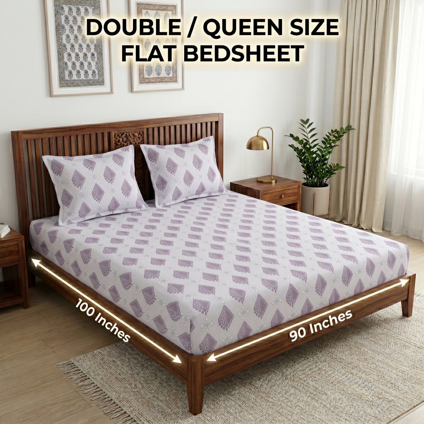 186 TC 100 % Cotton Bed Sheet for Double Bed | 90 x 100 Inch | 2 Pillow Covers