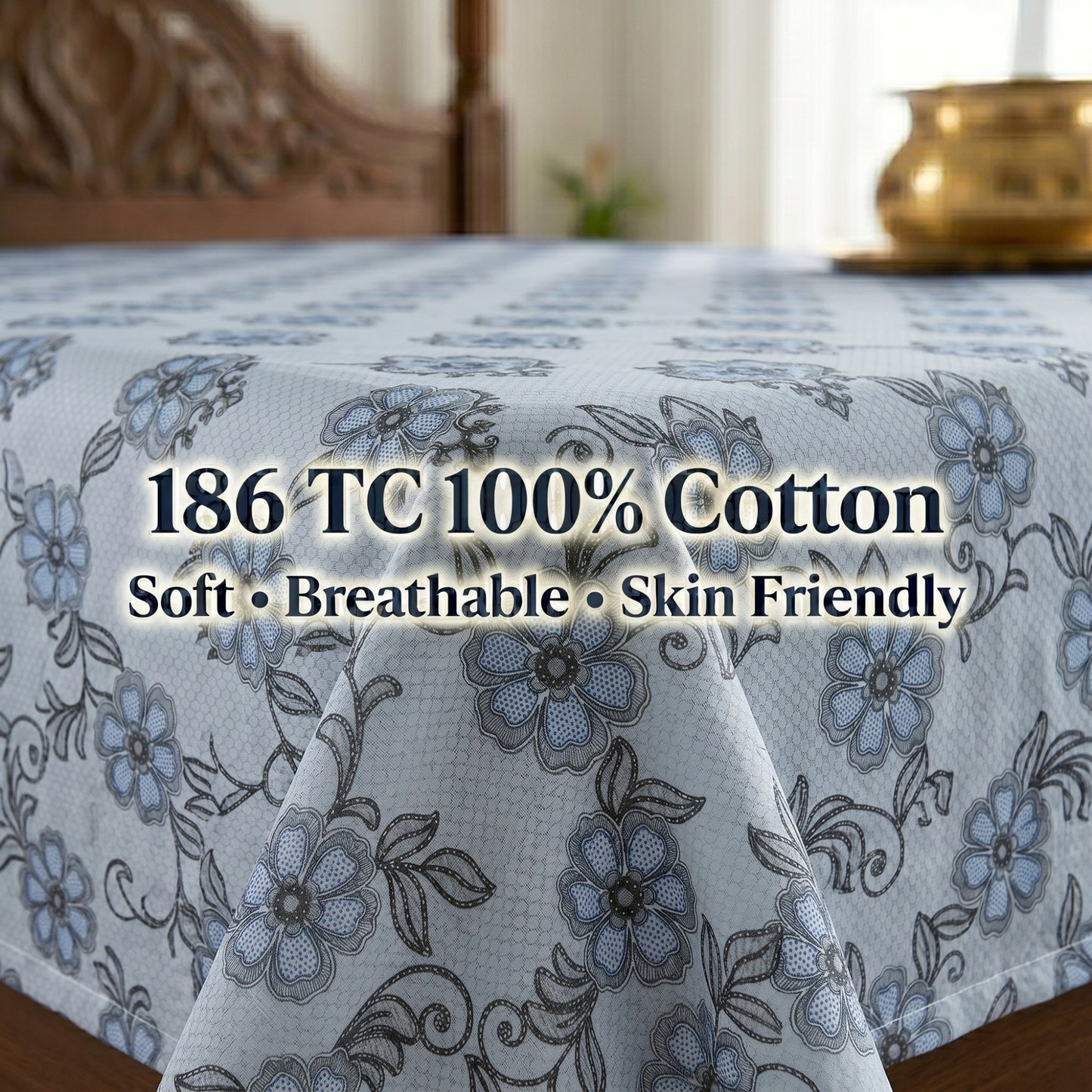186 TC 100 % Cotton Bed Sheet for Double Bed | 90 x 100 Inch | 2 Pillow Covers