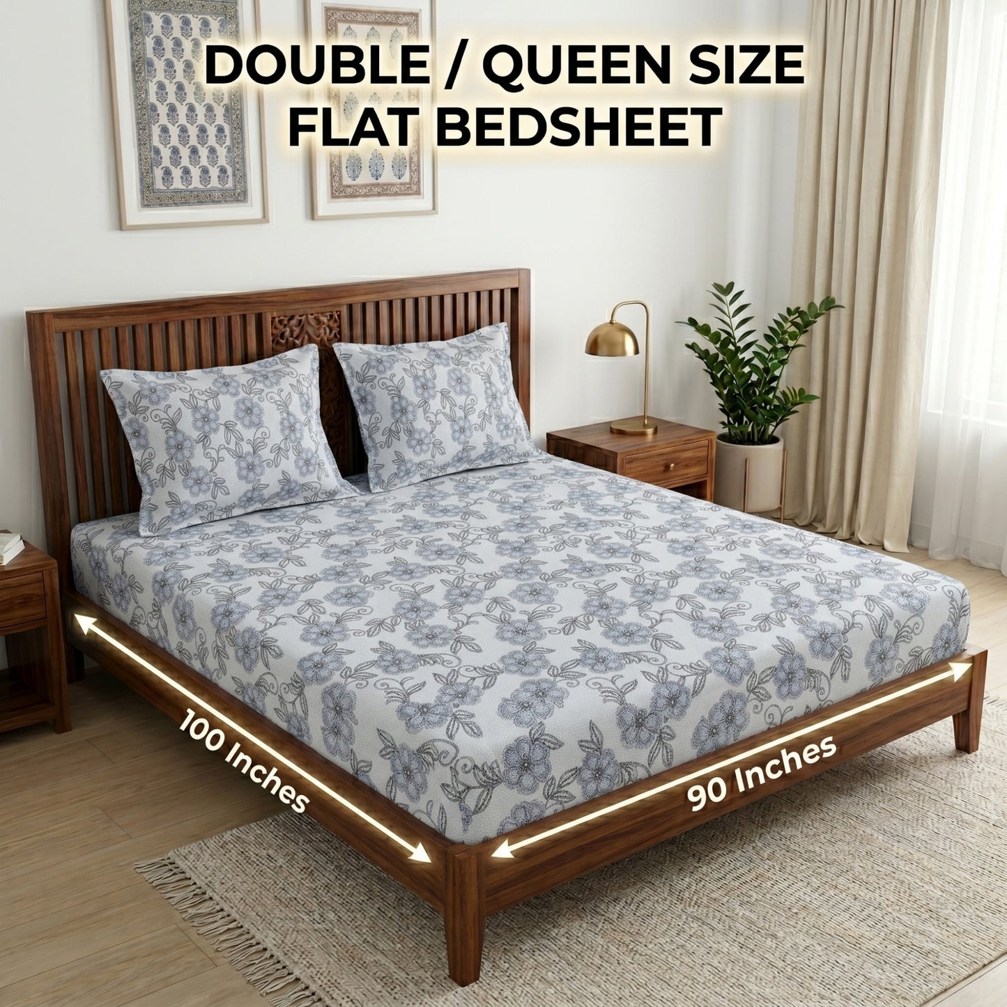 186 TC 100 % Cotton Bed Sheet for Double Bed | 90 x 100 Inch | 2 Pillow Covers