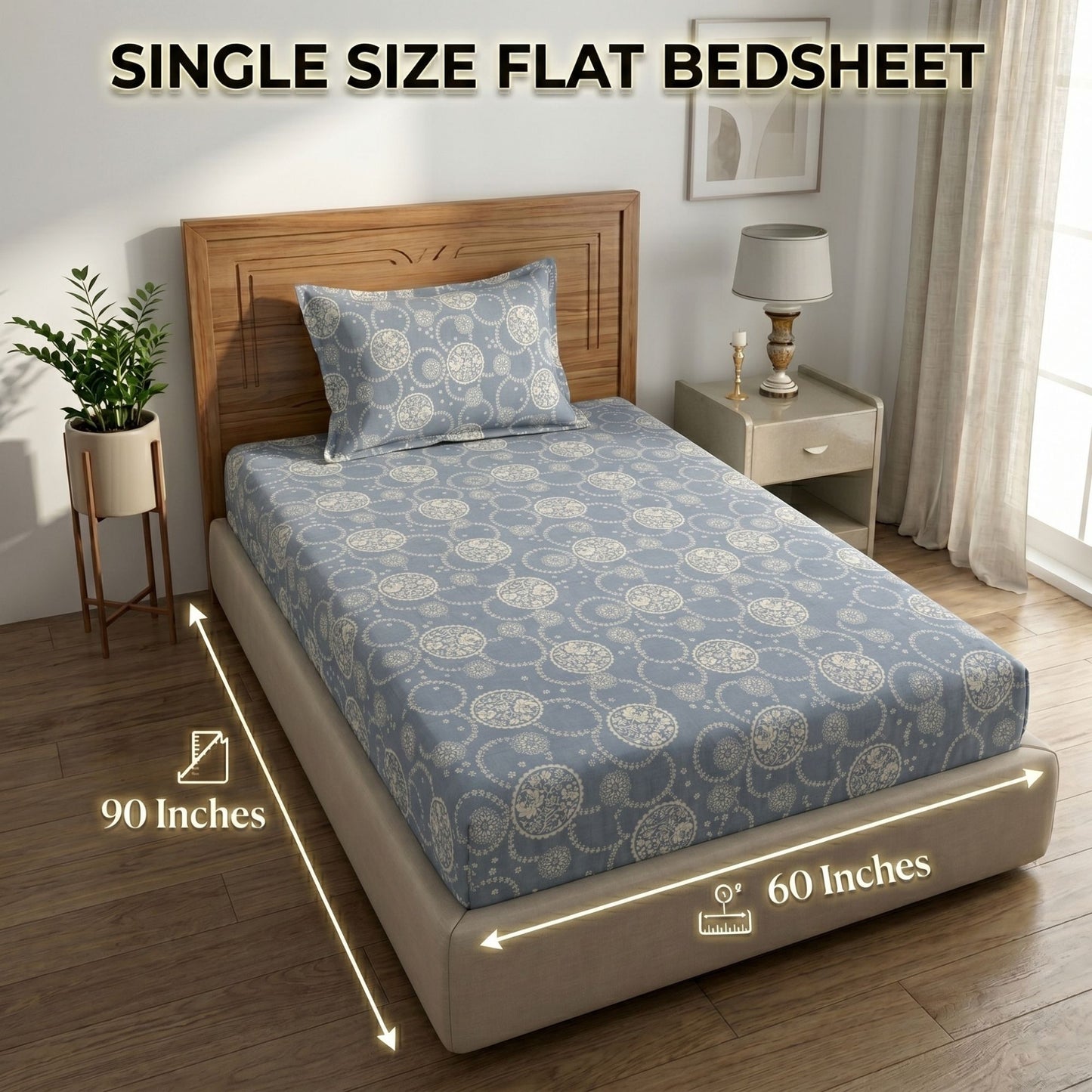 186 TC 100% Cotton Single Bedsheet | 90 x 60 Inch