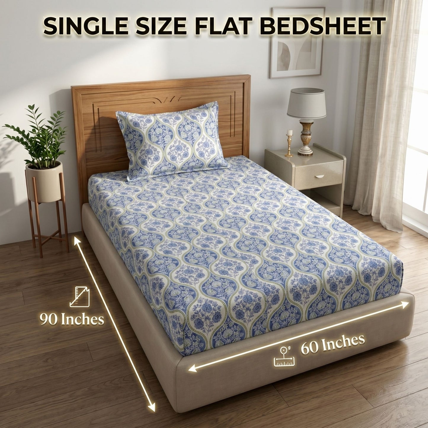 186 TC 100% Cotton Single Bedsheet | 90 x 60 Inch