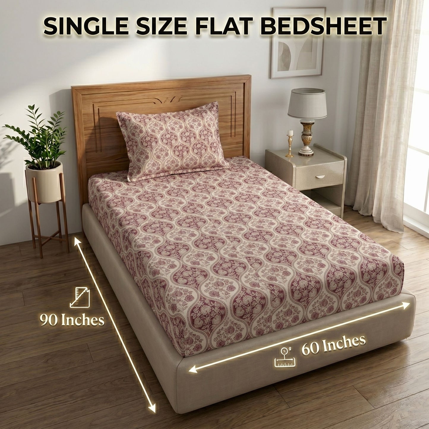 186 TC 100% Cotton Single Bedsheet | 90 x 60 Inch