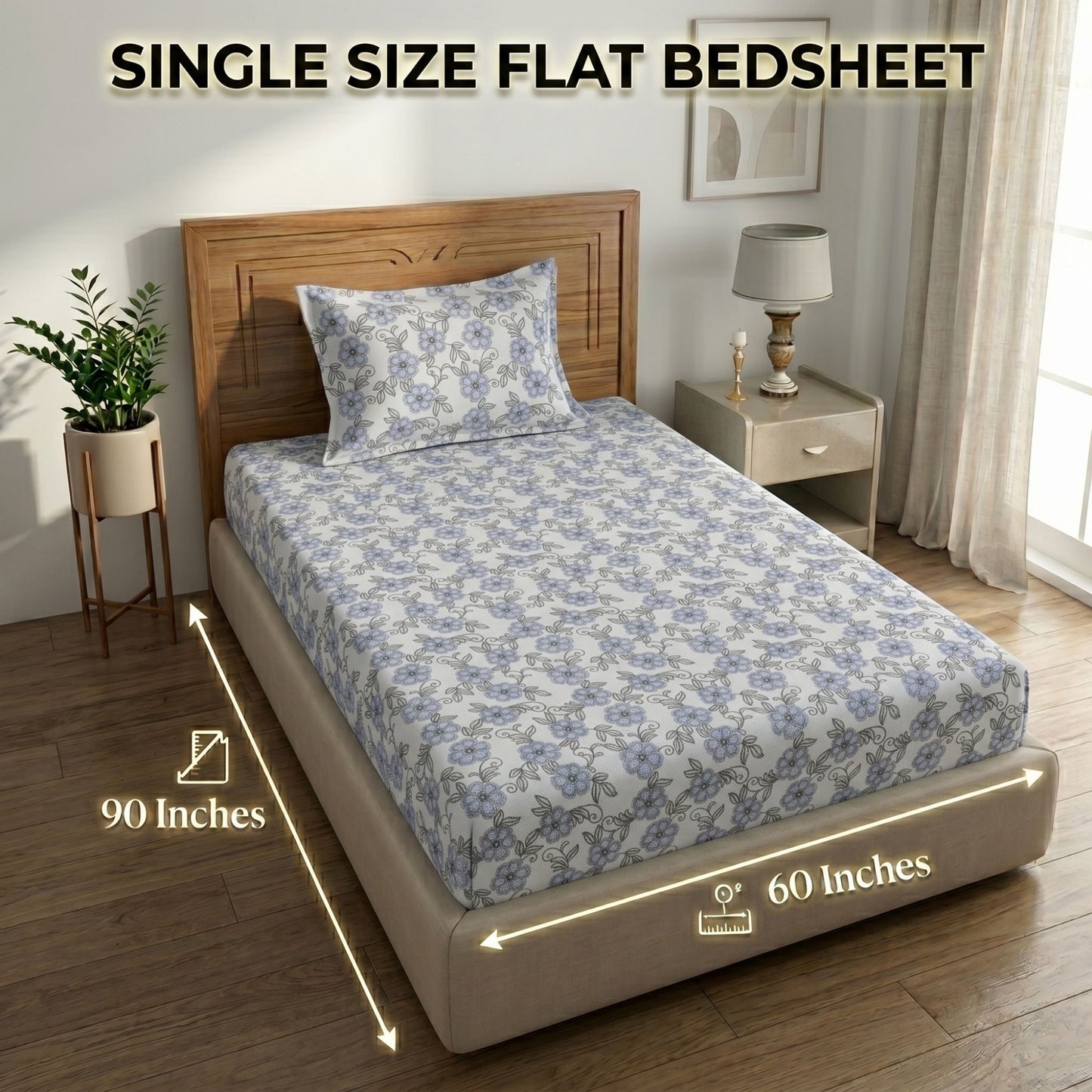 186 TC 100% Cotton Single Bedsheet | 90 x 60 Inch