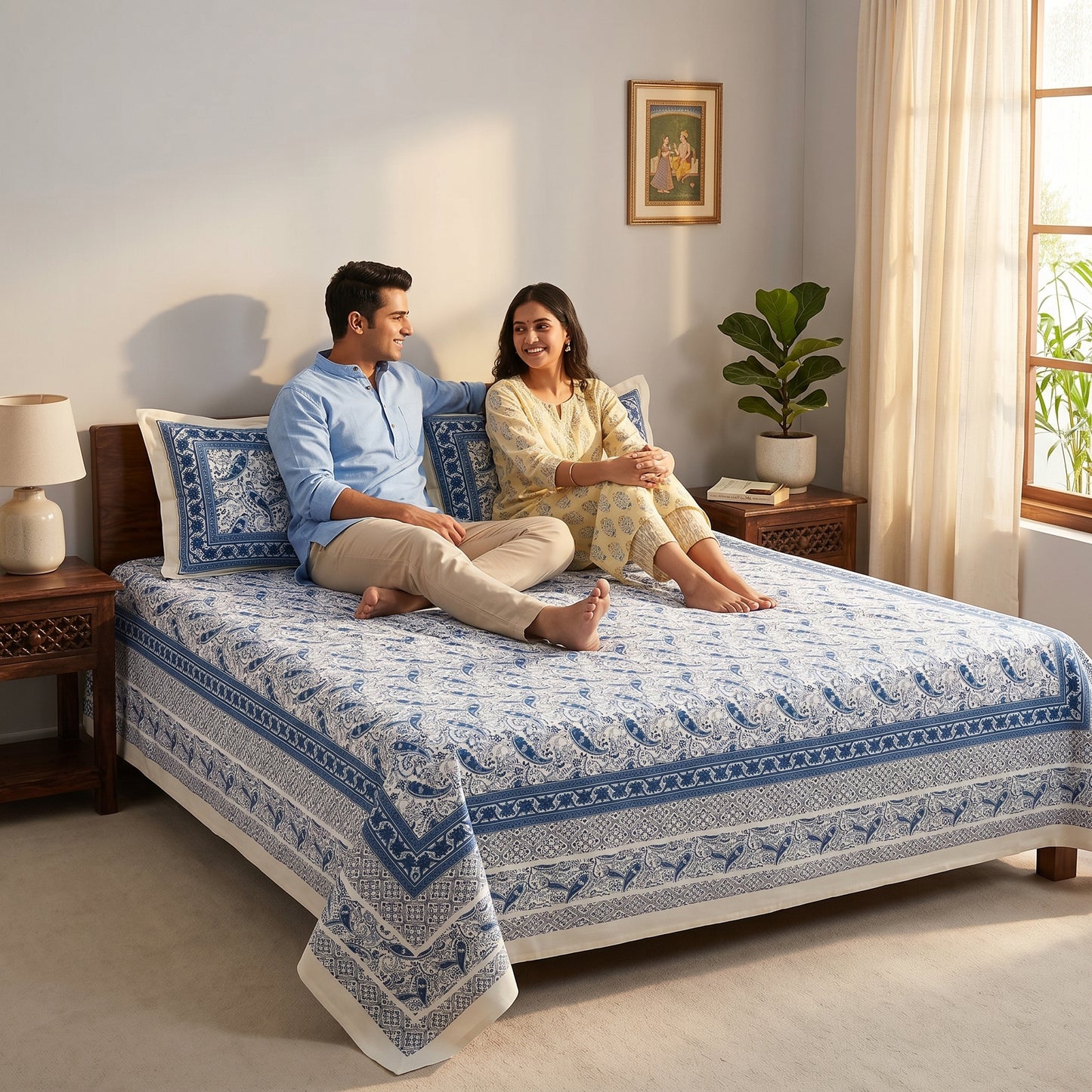 Heritage 144 TC 100% Cotton Queen Size Bedsheet (90 x 108 Inches)| Cobalt Blue