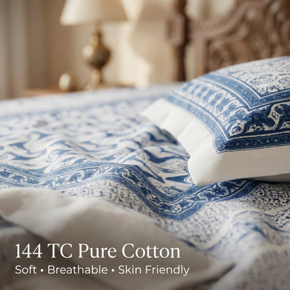 Heritage 144 TC 100% Cotton Queen Size Bedsheet (90 x 108 Inches)| Cobalt Blue