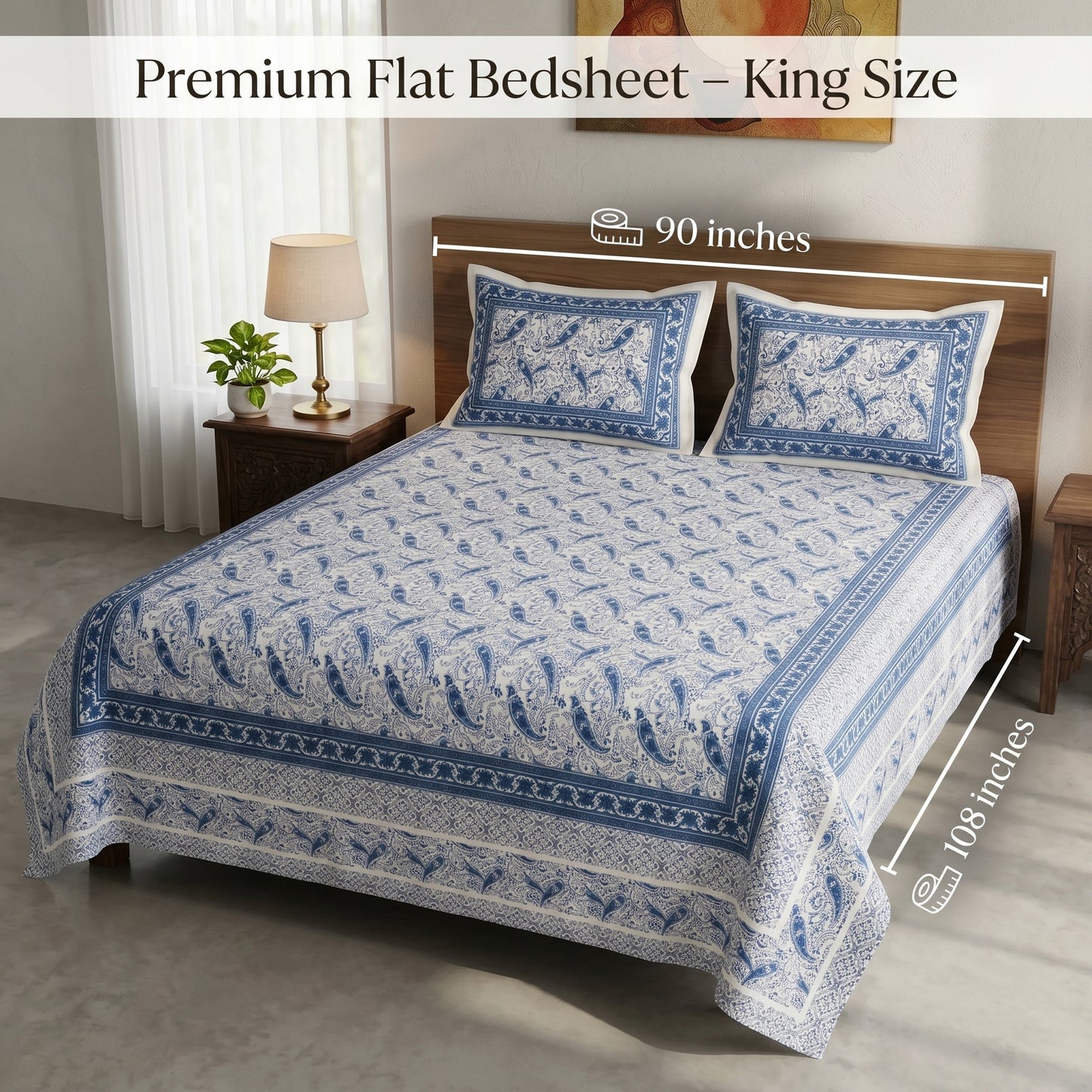 Heritage 144 TC 100% Cotton Queen Size Bedsheet (90 x 108 Inches)| Cobalt Blue