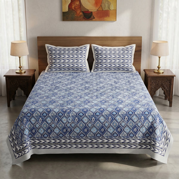 Heritage 144 TC 100% Cotton Queen Size Bedsheet (90 x 108 Inches)| Prussian Blue